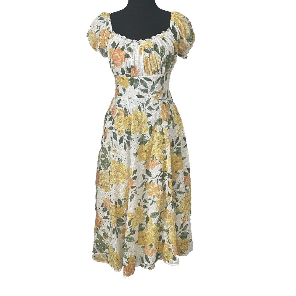 FLYING TOMATO Sz S Garden Of Dreams Eyelet Floral Midi Dress Pockets Milkmaid